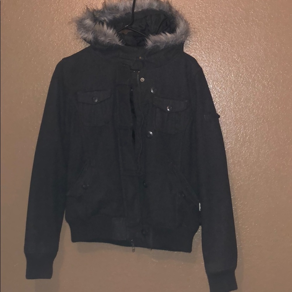 Gray bomber jacket with hood